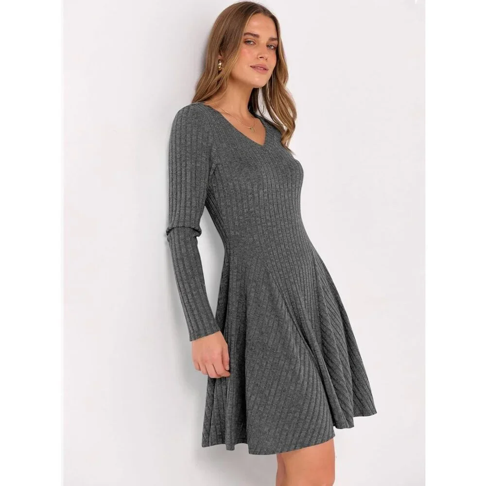 Women's Long Sleeve Ribbed Short Dresses V Neck Swing Sweater Dress Deep Grey - Picture 5 of 7